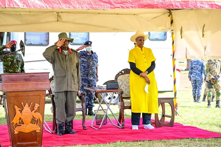 President Yoweri Kaguta Museveni with the First Lady at the grand opening of NRM Parliamentary Caucus Retreat at the National Army Leadership Institute (NALI) in Kyankwanzi